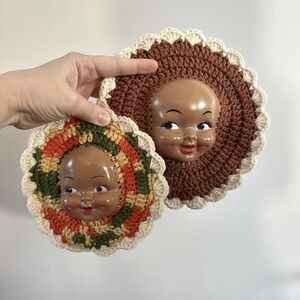 VTG Crochet Wall Hanging Plastic Baby Faces Homemade Brown Orange Nursery MCM